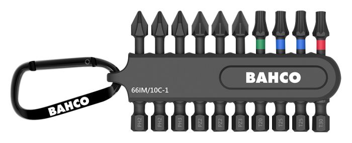 BAHCO Uzgaļu komplekts Impact 10 gab. turētājā, ar karabīni. 50 mm PH, PZ, TORX